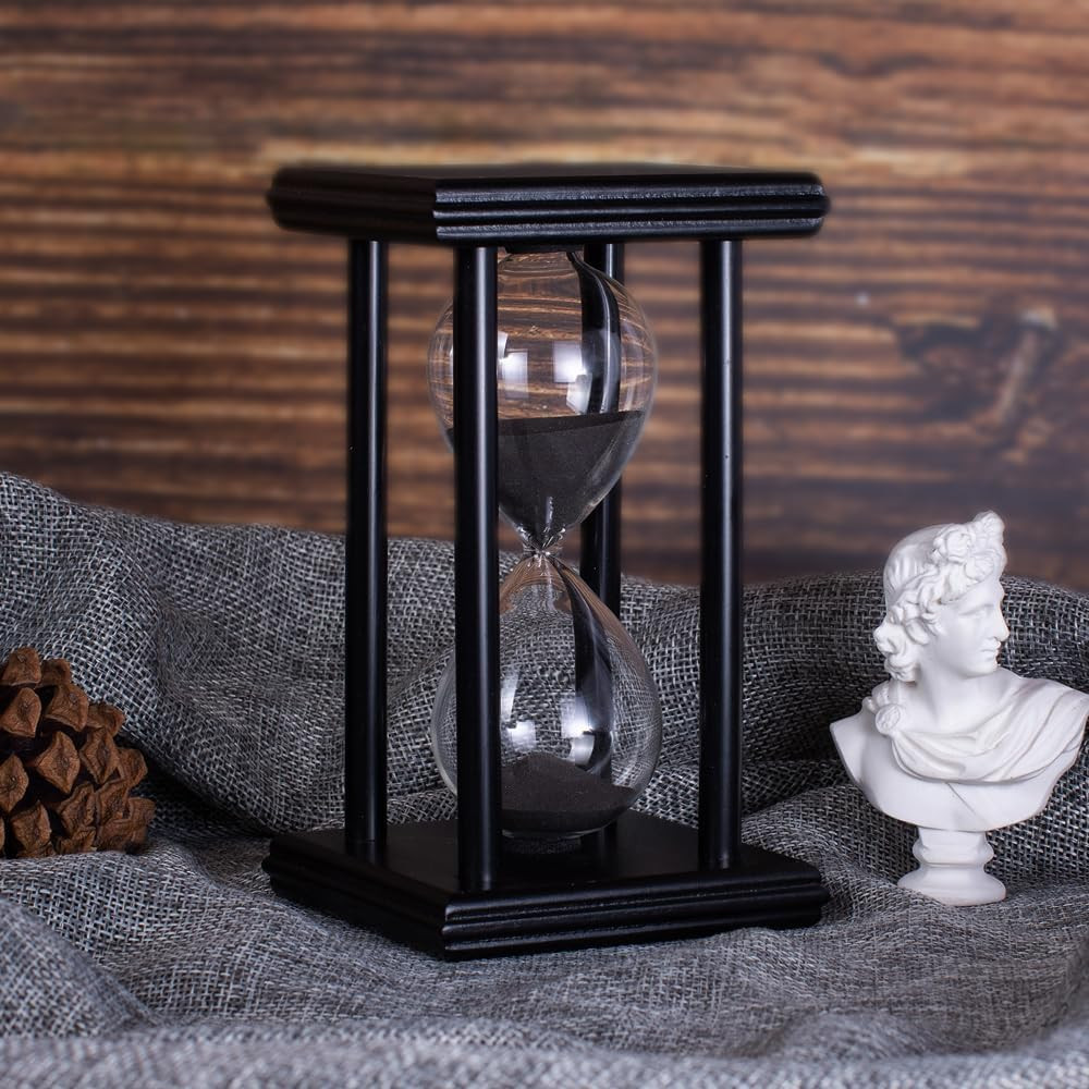 Hourglass Timer with Black Sand, 15 Minute Wooden Frame Sand Timer, Creative Han