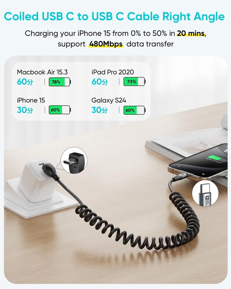 SUNGUY Right Angle Coiled USB C Cable 4FT [Recommended Stretch 4FT, Grey