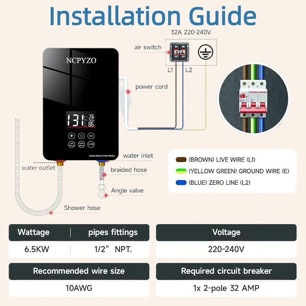Tankless Water Heater Electric 240V-7000W. Instant Water Heater for Kitchen、Bath