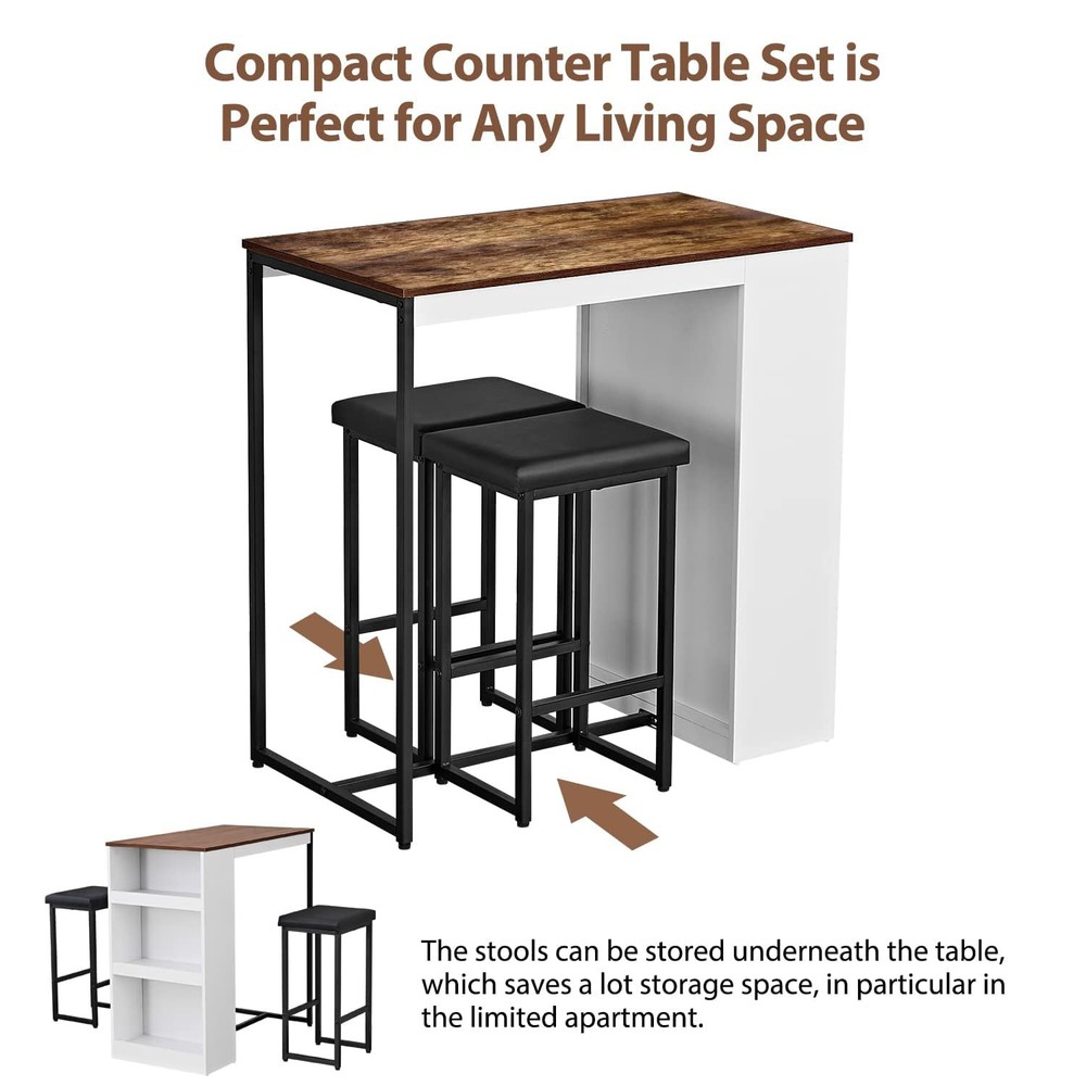 3 Piece Dining Table Set Kitchen Bar Table with Two Stool Storage Shelves Woo...