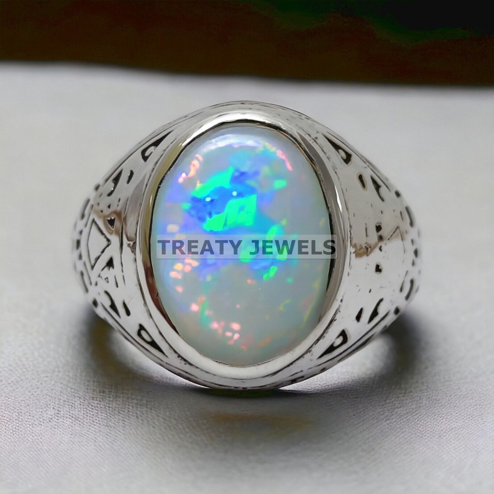 Opal Oval Cut Gemstone With 14K Solid White Gold Ring For Men's #872