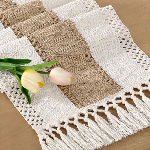Boho Table Runner Easter Spring Farmhouse Rustic 12" x 48" Brown & Ivory