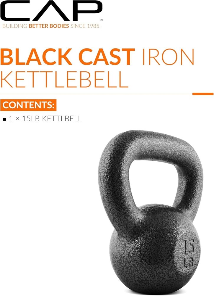 CAP Barbell Black Cast Iron Single Kettlebell, 15 LBS - Single , NEW