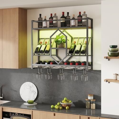 Wall Mounted Wine Rack with LED Light, 3-Tier Wine Shelf & Glass Holder, Rustic
