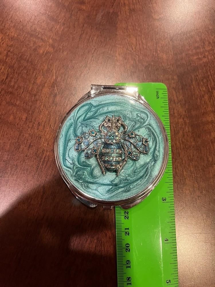Double Mirror Compact With Bee Teal Rhinestones, New In Box