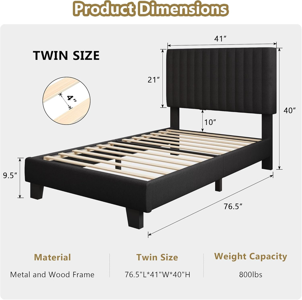 Twin Size Bed Frame, Upholstered Platform Bed with Vertical Linen Headboard, Wid