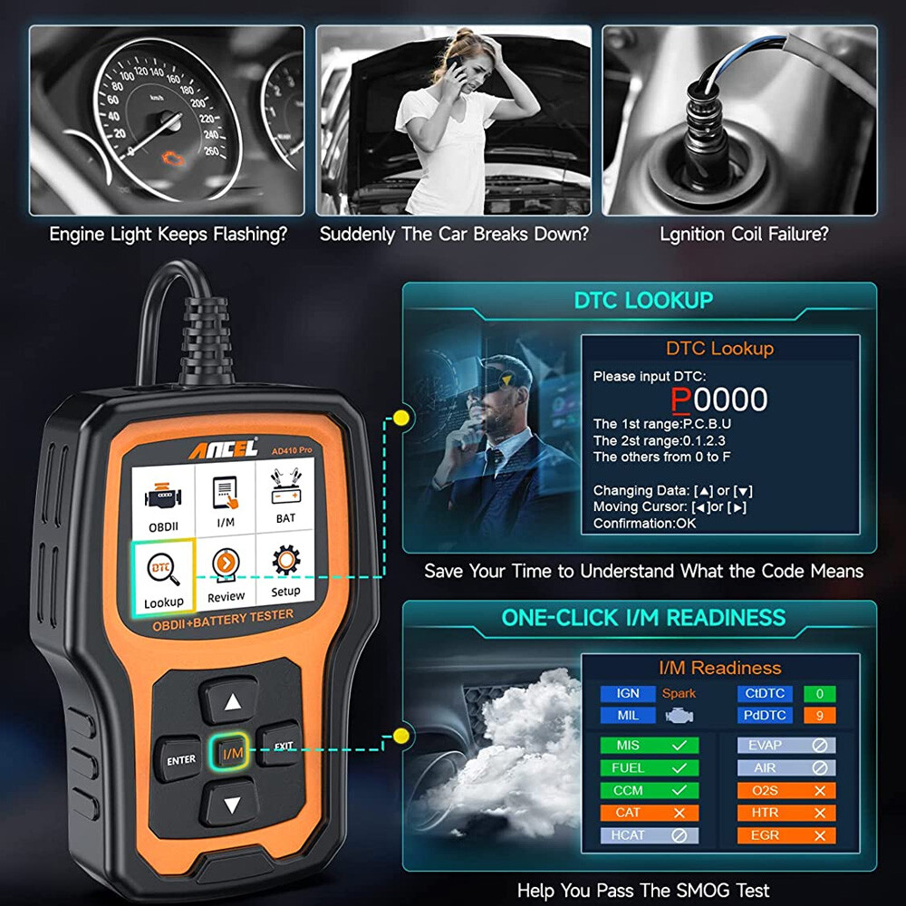 ANCEL AD410 PRO OBD2 Scanner Battery Test Check Engine Light Diagnostic Tool