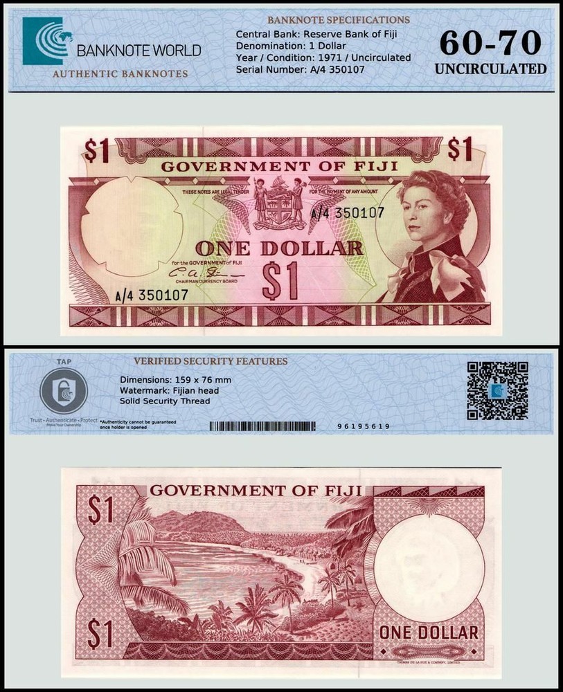 Fiji 1 Dollar, 1971 ND, P-65b, UNC, Authenticated Banknote