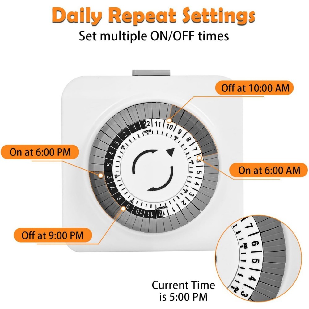 2 Pack 110-125V 3-Pin Timer Switch For Home Lighting 24-Hour Programmable Plug