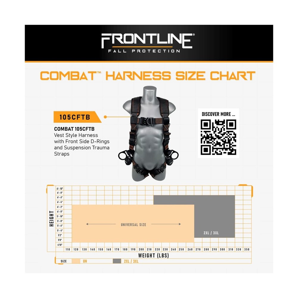 FRONTLINE FALL PROTECTION 105CFTB Combat™ Vest Style Harness with Front Si