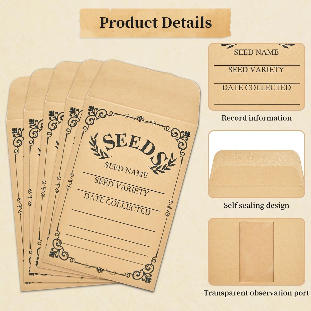 50-Pack Seed Packets Envelopes with Clear Window, 4.72 x 3.15 One Size, Brown