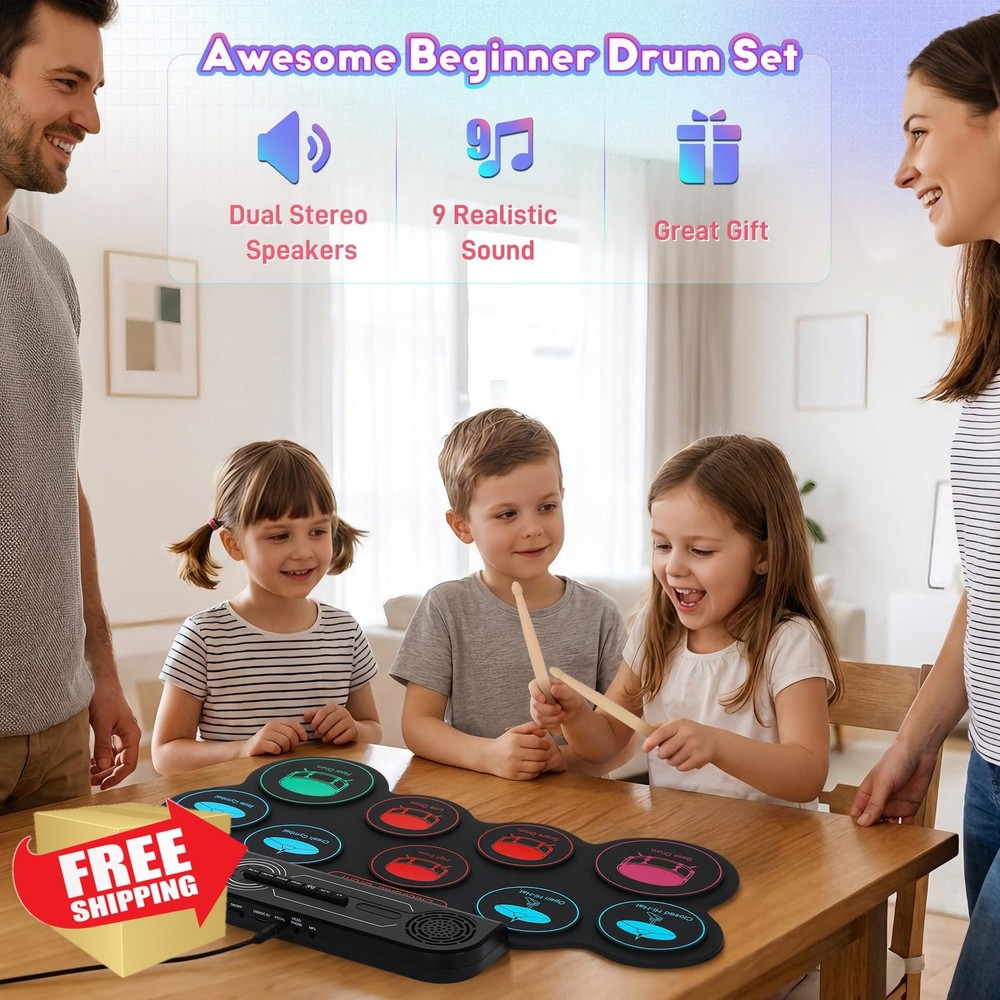 Kids Electric Drum Set, 9-Pad, Roll Up, MIDI