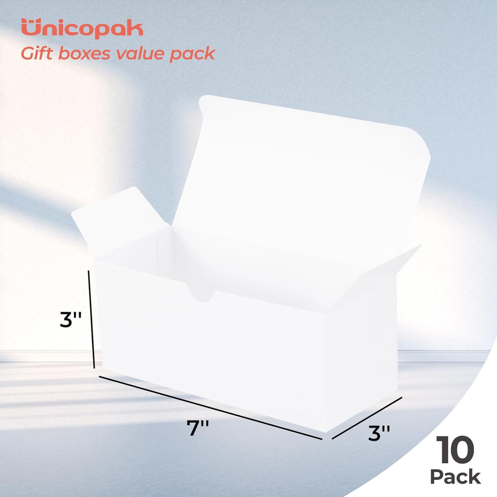 10 Pack 7X3X3 Rectangular Small Gift Boxes, White, Ideal for Slim Birthday Chris