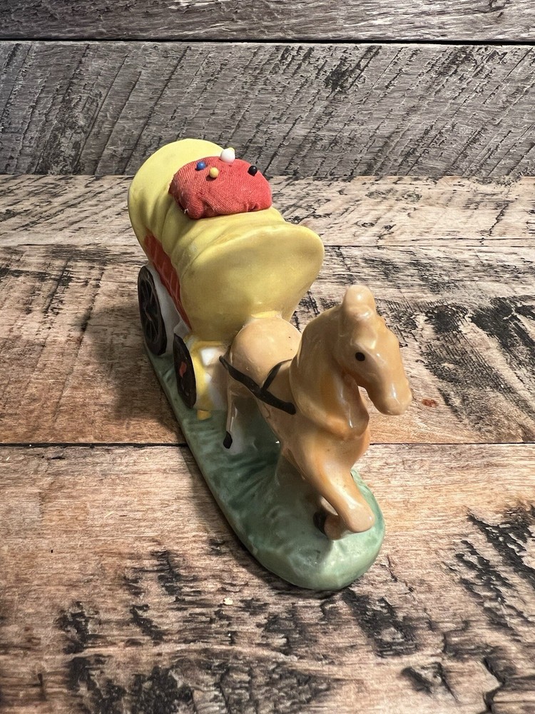 Lusterware Horse Covered Wagon Figure Pin Cushion