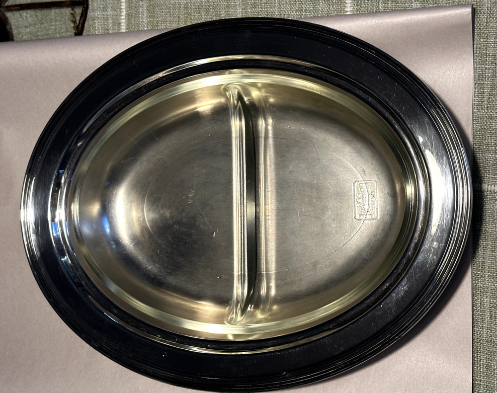 Silverplate Serving Bowl with GlasBake 558 Two-compartment Insert 11 1/2" Oval