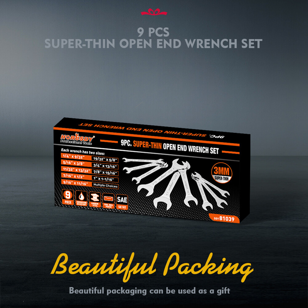 9PC Super-Thin Open End Wrench Set SAE 1/4" - 1/16" Slim Spanner Rolling Pouch