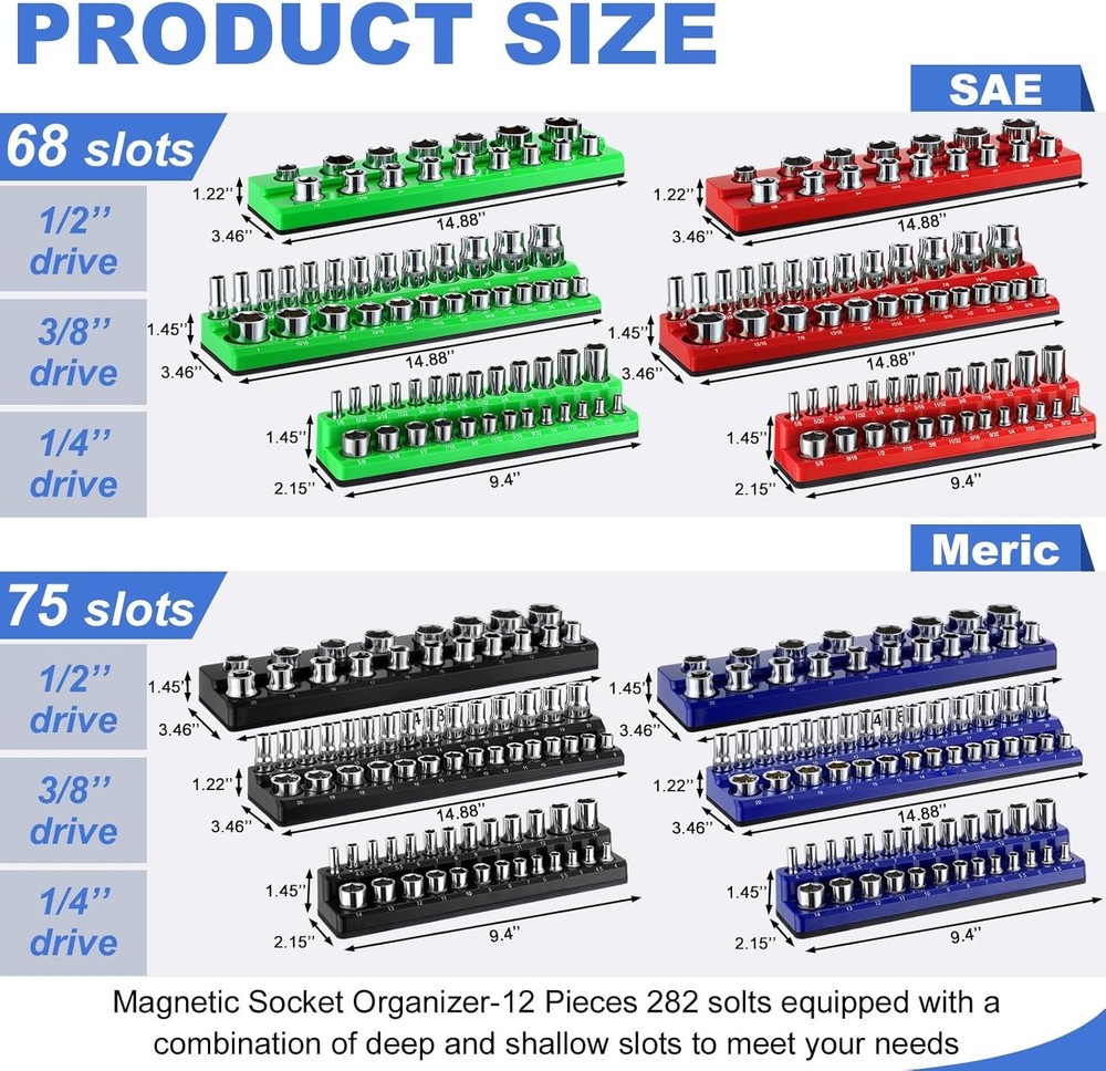 Magnetic Socket Organizer Set 12pc 3 Drive Sizes
