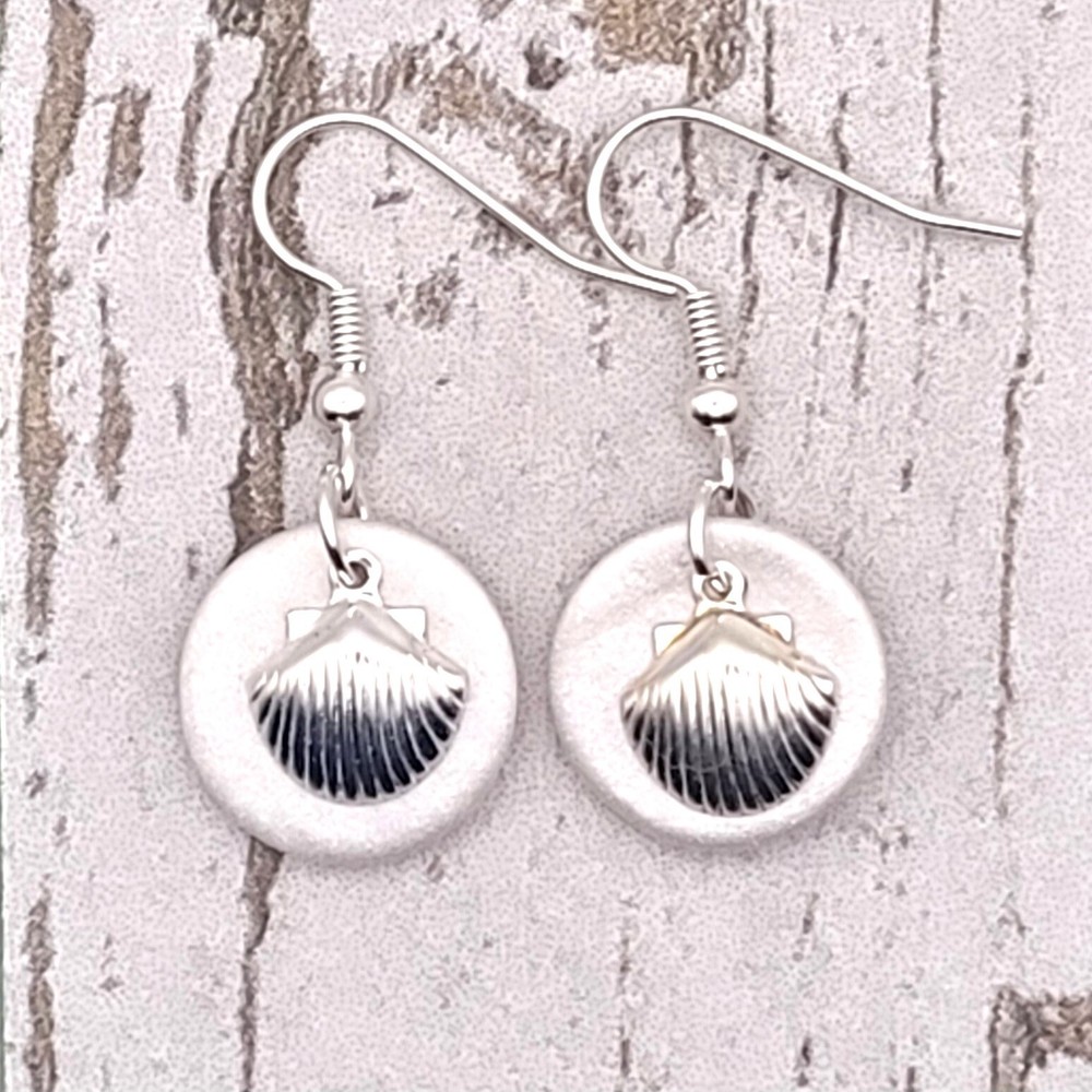 Pearlized White Earrings with Silver Shell Charms - Dangle Earrings - Handmade