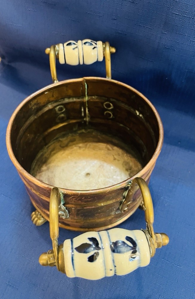 Antique Copper Planter With Ceramic Handles