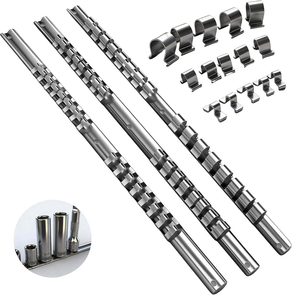 Socket Organizer Set, 3-Piece Metal Socket Holders/Socket Sliding Rail, 1/4-Inc