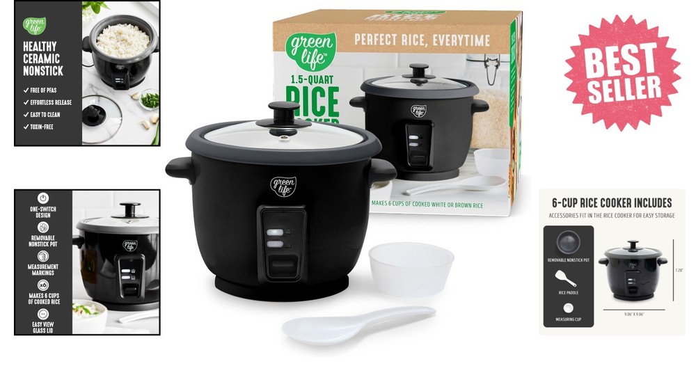 6-Cup Space-Saving Rice Cooker with Removable Ceramic Pot & Easy Clean Design