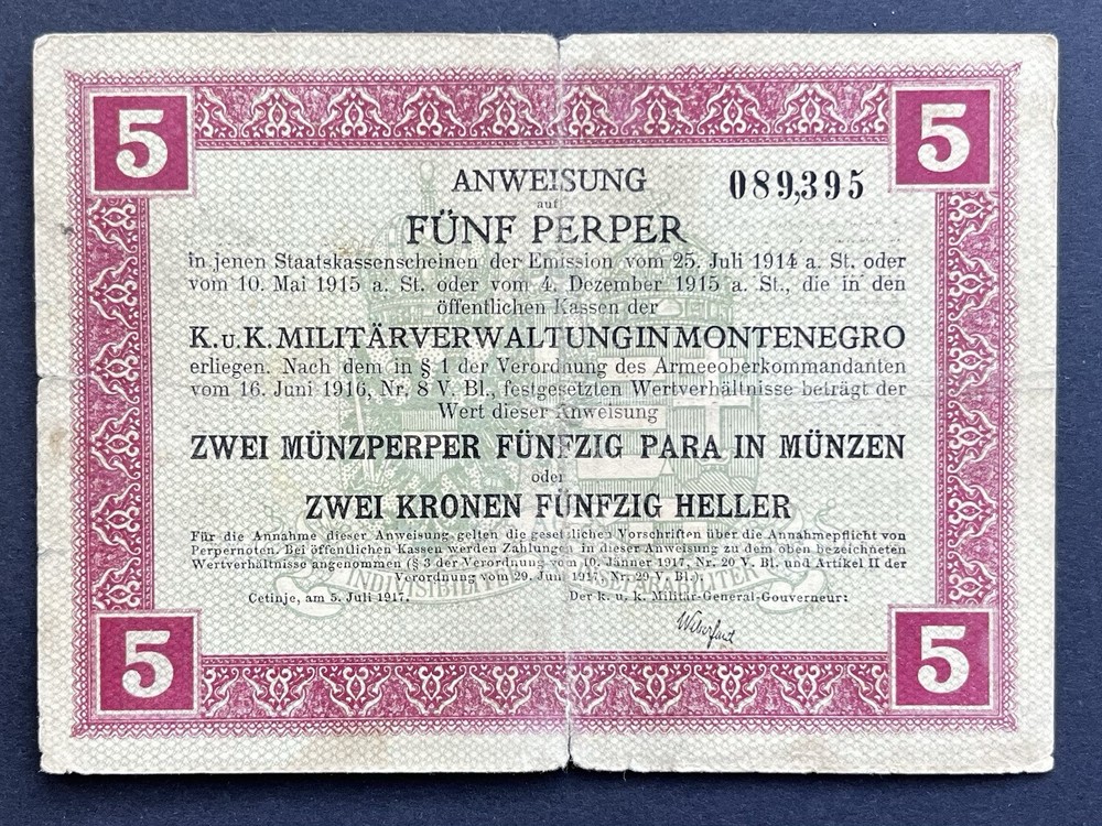 Montenegro 5 Perpera 1917