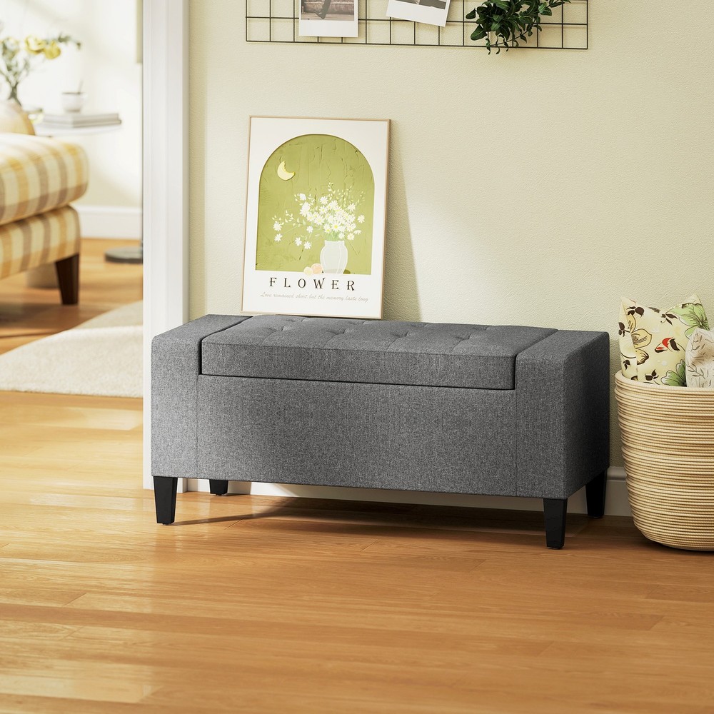 Rectangular Tufted Linen Storage Ottoman Bench with Flipping Top Gray
