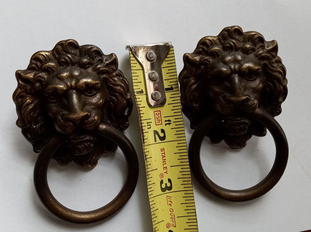 2 Brass Lion Head Dresser Pulls