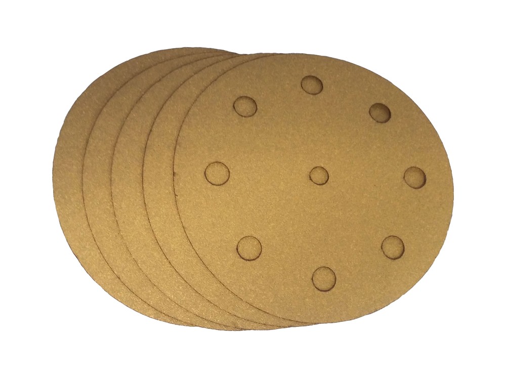 5 Inch X 9 Hole Gold Hook and Loop Grip Sanding Discs (100 Pack, 320 Grit)
