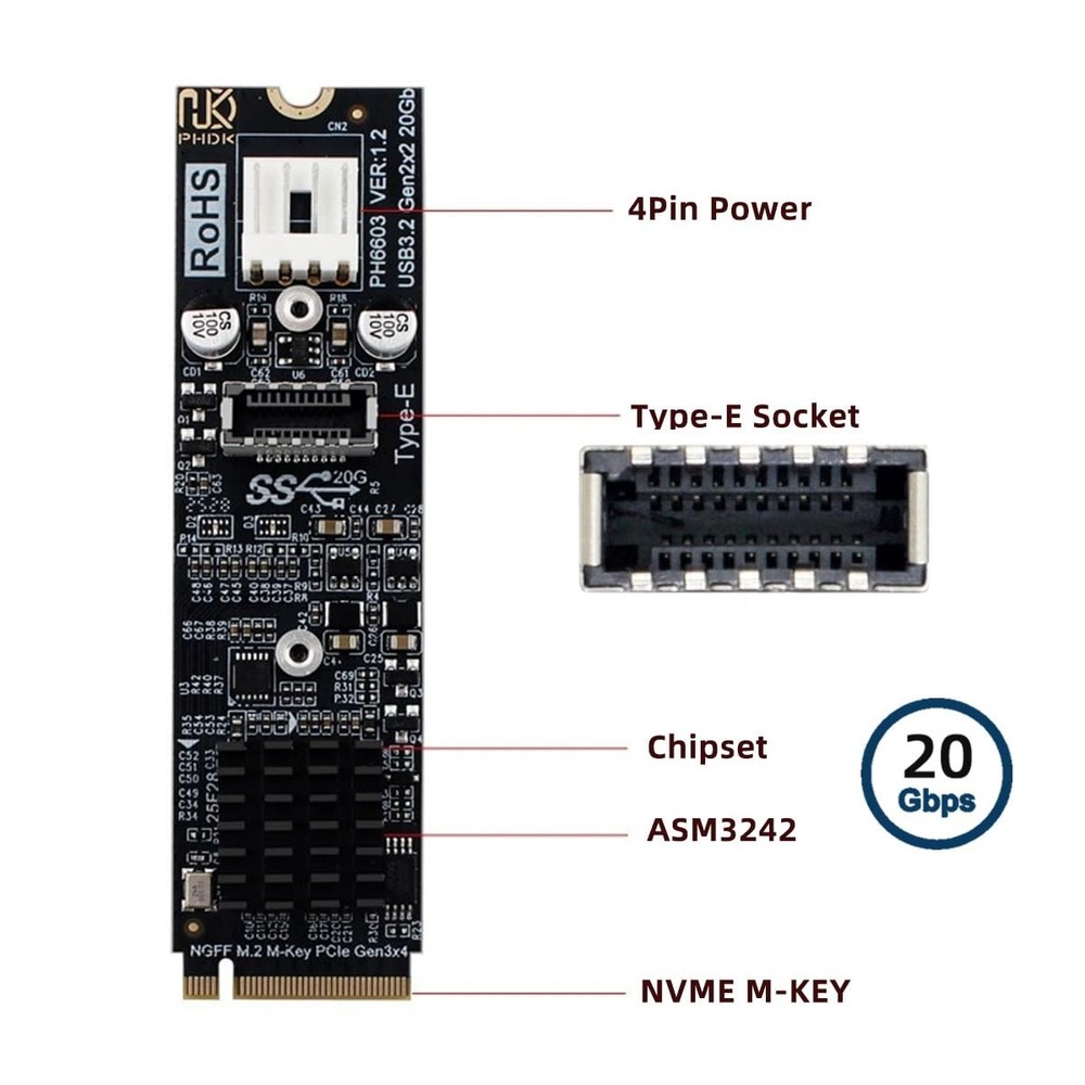 20Gbps Type-E USB 3.1 Front Panel Socket to NVME NGFF M-Key Express Card Adap...