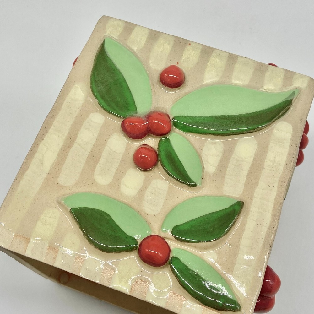 Studio Art Pottery Ceramic Tissue Box Cover Square Leaves Berries Maximalist