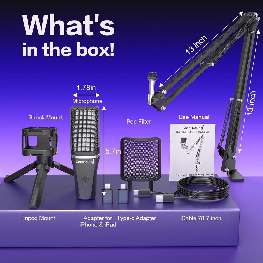 Professional USB Microphone for Streaming & Podcasting with Adjustable Boom Arm