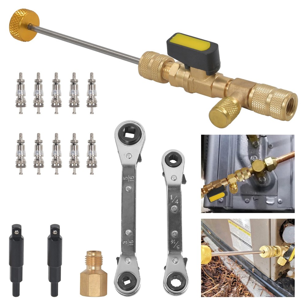 Valve Core Remover Installer Tool & HVAC Service Wrench with Hex Bit Adapter Kit