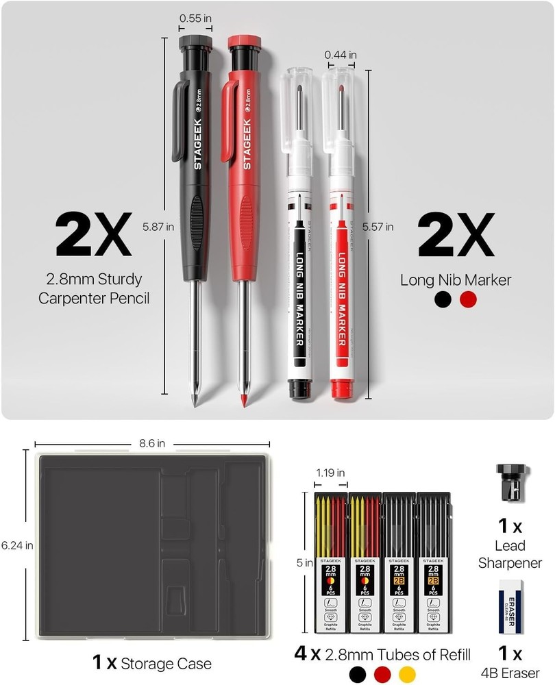 2PCS Carpenter Pencils with Sharpener Heavy Duty Woodworking Tools Mechanical...