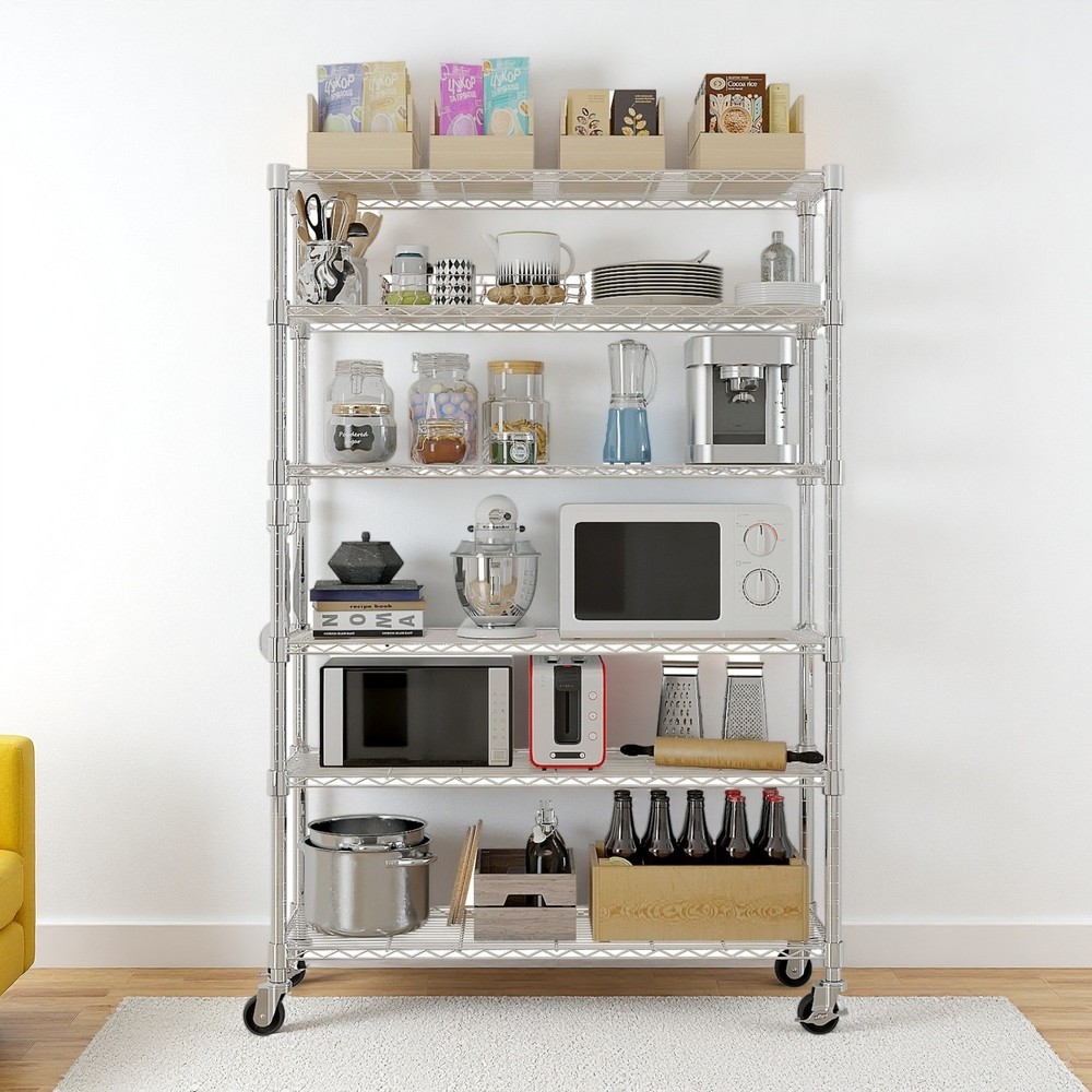 6-Tier Rolling Wire Shelving Unit - Heavy Duty, Adjustable, Silver & Hooks