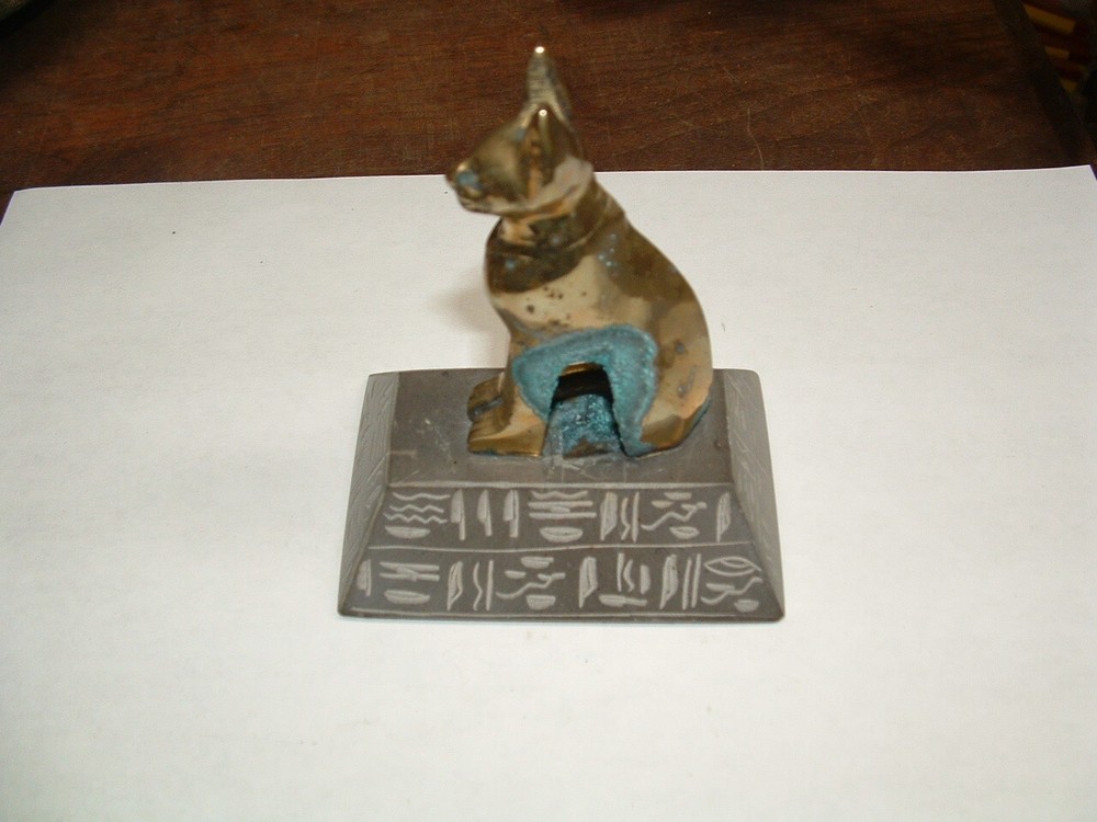 SOLID BRASS EGYPTIAN SPHINX CAT WITH SOLID STONE BASE CARVED HIEROGLYPHS WRITING