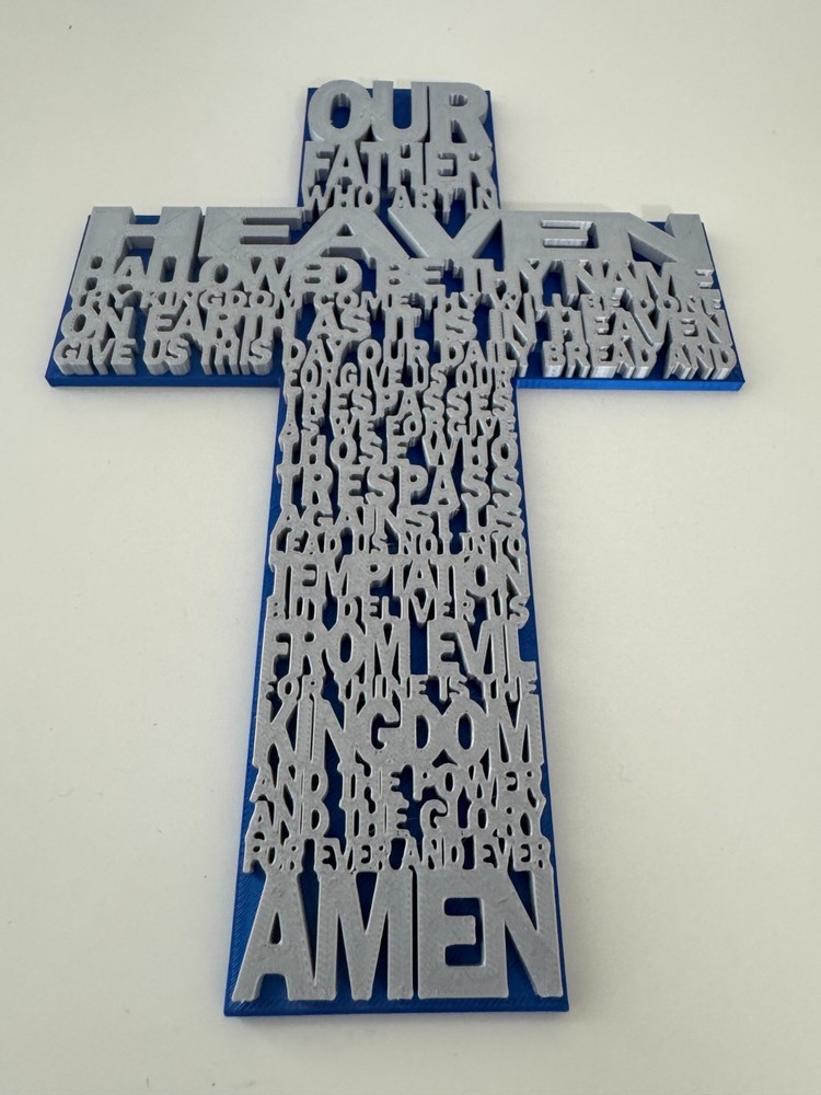 Lord's Prayer Cross Gray Blue 3D Printed Plastic