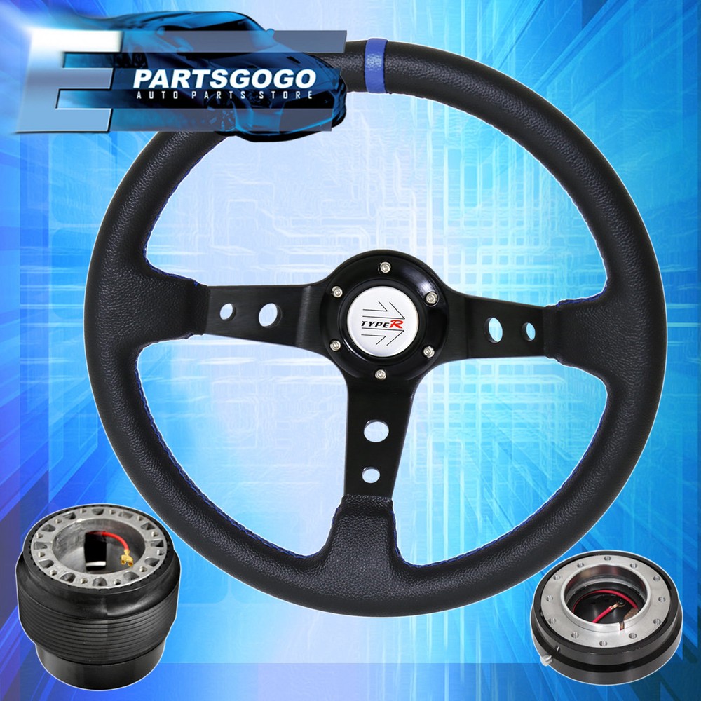 Deep Dish Black Steering Wheel + Slim Quick Release + Adapter For 92-95 Civic