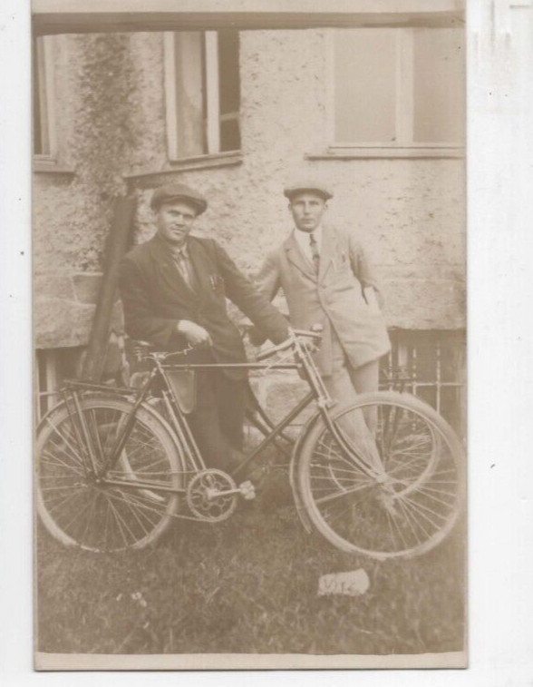 2 Men with Bicycle, Vintage Photo Postcard