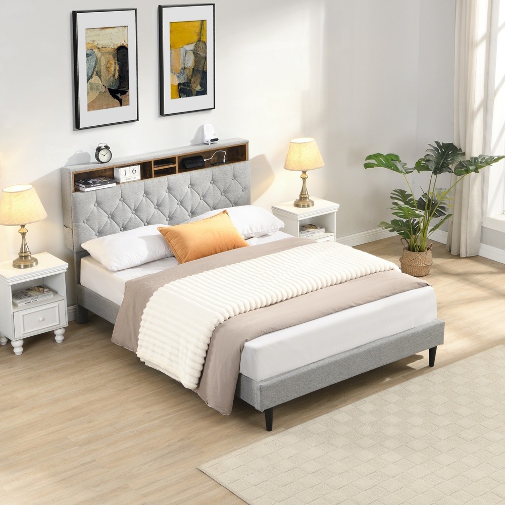Queen Size Linen Upholstered Platform Bed with Storage Headboard & USB Ports
