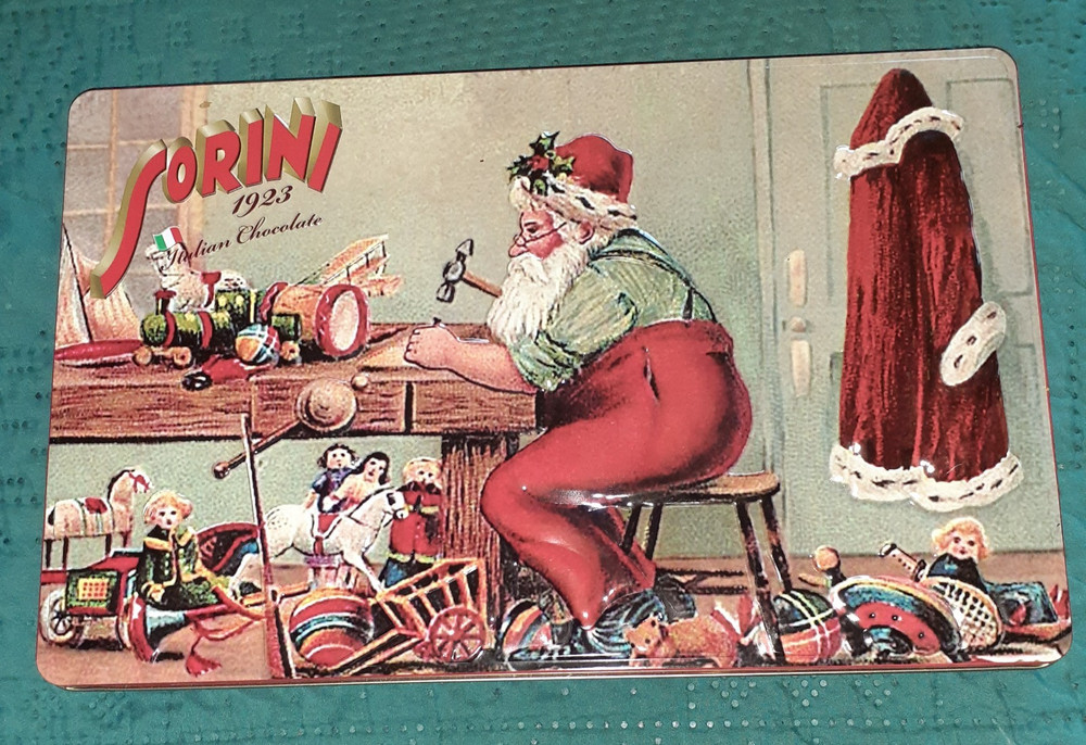 Sorini Chocolates Tin Santa Christmas Theme 14"X9"X1.5" Empty
