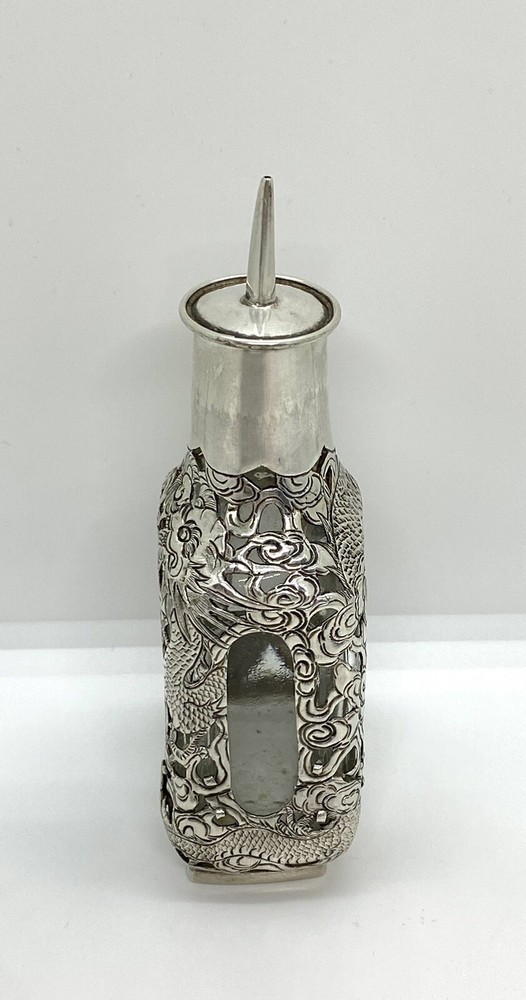 Antique Asian Signed Silver Overlay Dragon Pattern Bitters Bottle 5” 143g