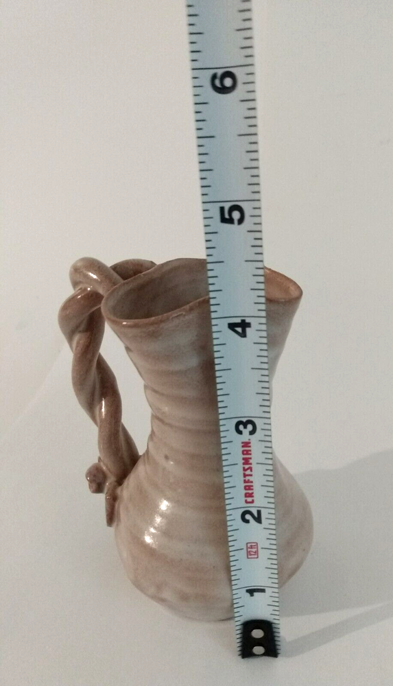 Vintage Pottery Pitcher Handmade Twisted Handle Signed