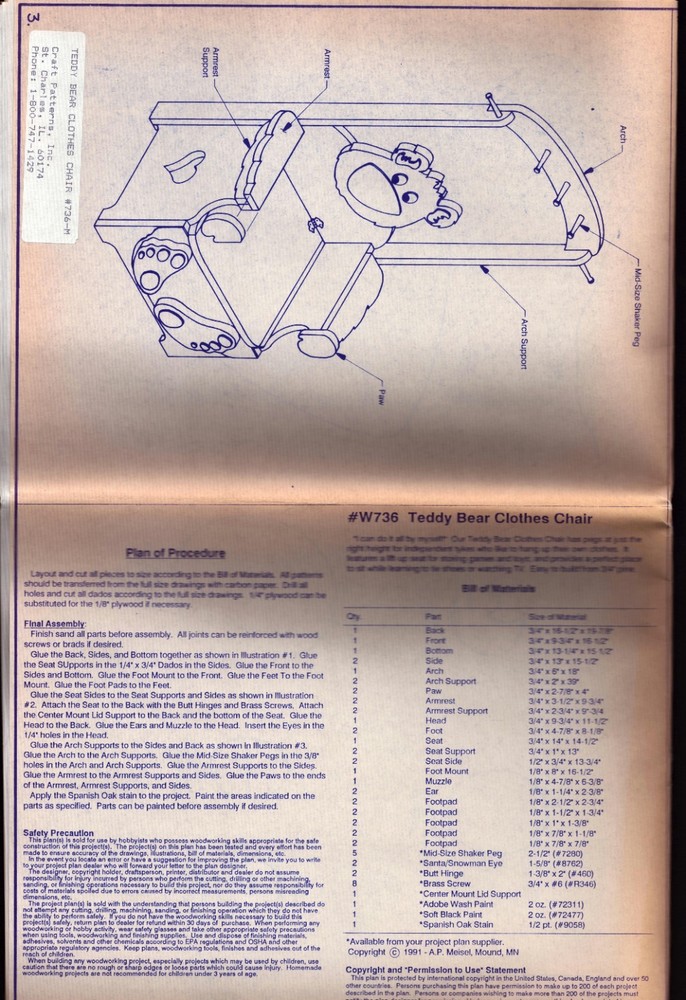 Craft Patterns 736-M Teddy Bear Clothes Chair Woodworking Full Sized Pattern
