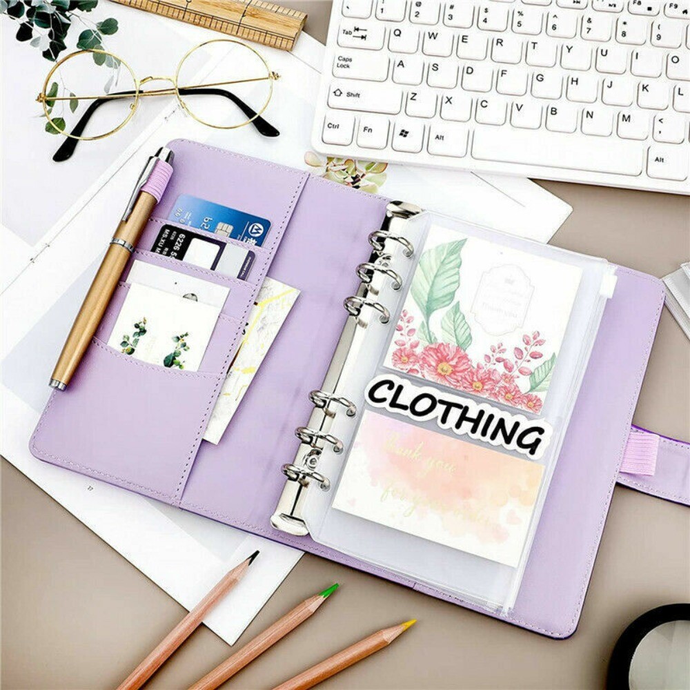 PU Leather Notebook A6 Ring Binder Budget Planner Organizer Cover Pockets Labels