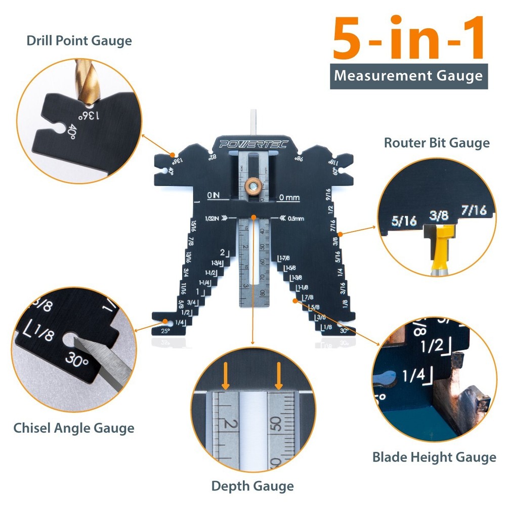 POWERTEC 80023 Universal 5-in-1 Measuring Gauge - Drill Point, Chisel Angle, etc