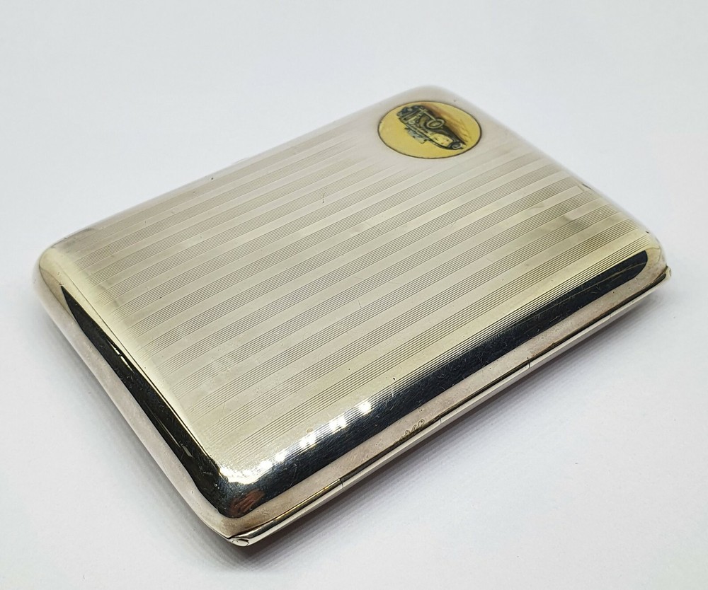 Antique Sterling Silver Car Enameled Cigarette Case - 143