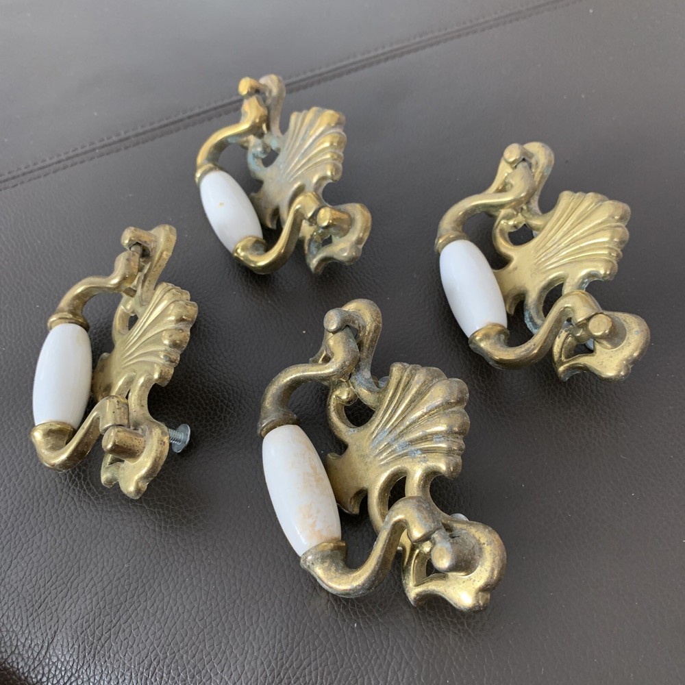 Vintage 1986 Drawer Pulls Brass Scrolls Ceramic Handle Set Of 4