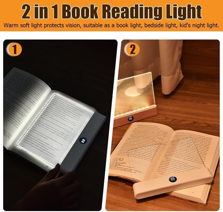 Book Light, 3 Color Adjustable LED Flat Reading Light, Rechargeable Clear Panel