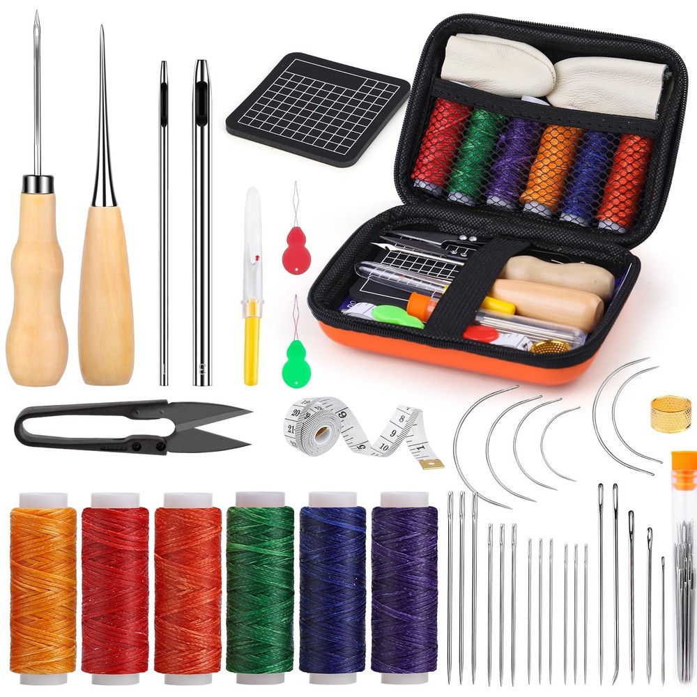Leather Sewing Kit Upholstery Repair Tools with Punches Multi Color Thread